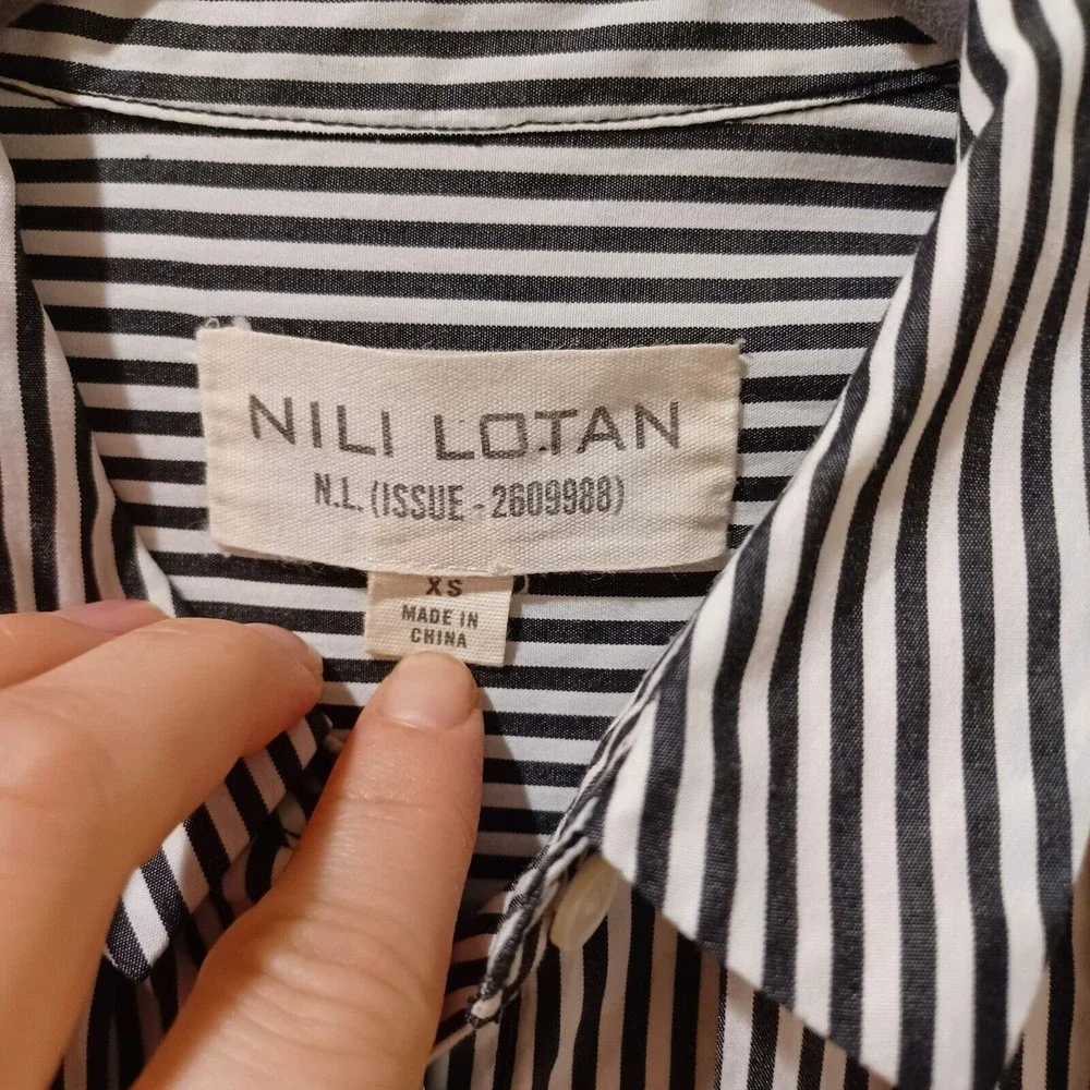 Nili Lotan 3/4 Sleeve Navy Blue Stripe Button Down Relaxed Boxy Fit Shirt XS - Picture 5 of 9